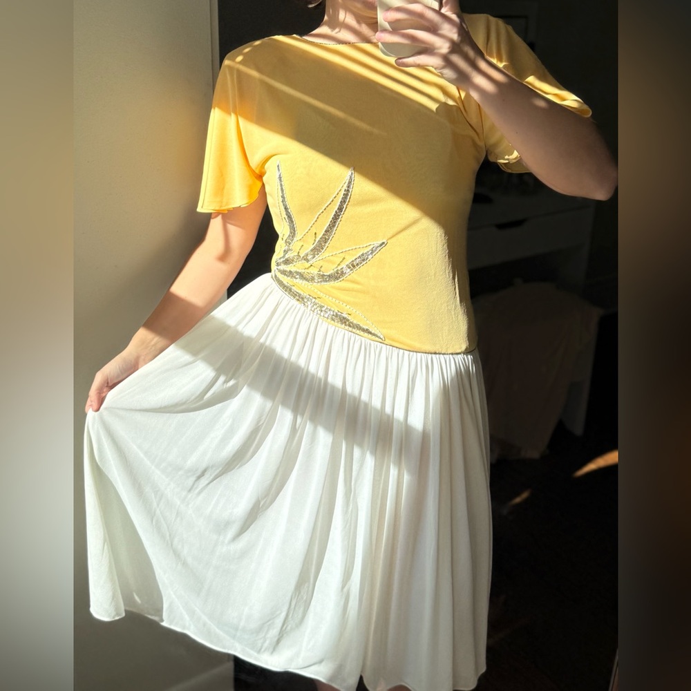 Vintage 80s Yellow & White Beaded Asymmetrical Dress